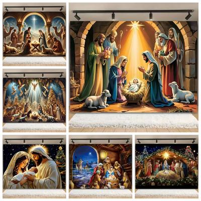 Merry Christmas Nativity Scene Background Banner Luminous Stars Tree New Year's Party Backdrop Decoration Props Baby Shower Gift