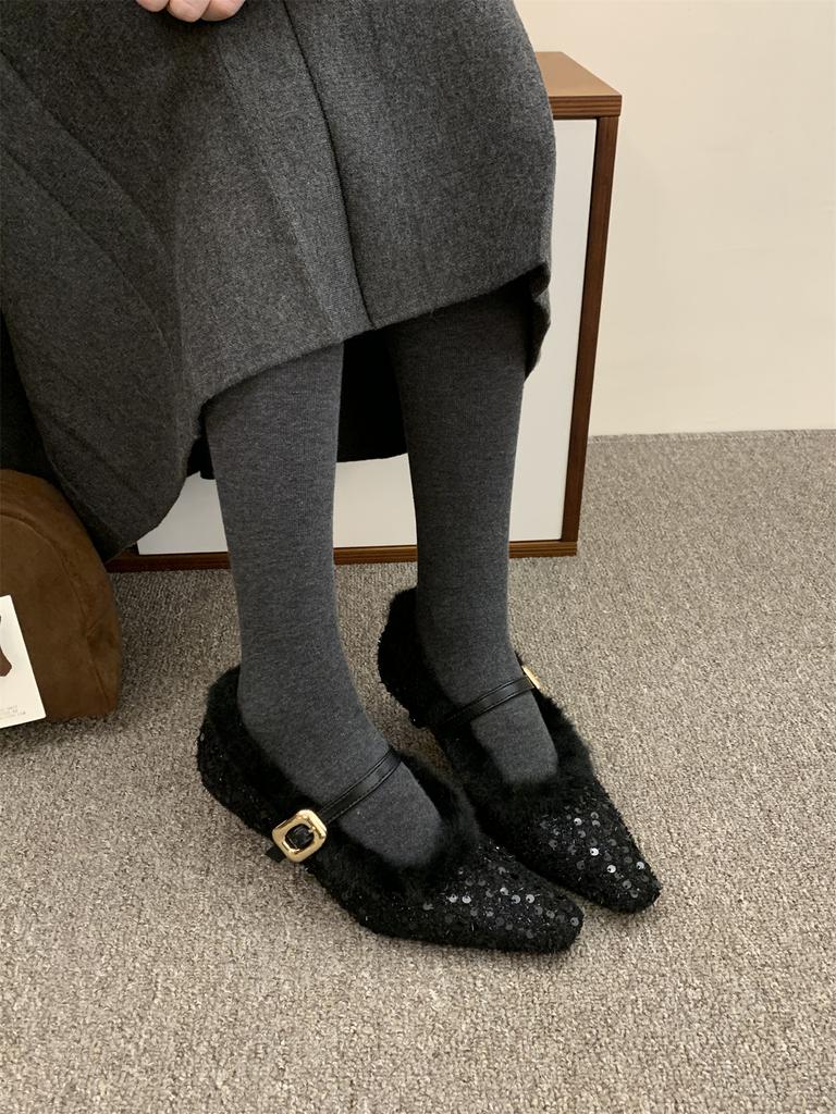 Fashion Fashion Sequin Bling Ladies High Heels Elegant Pointed Toe Thin Heel Mules Women Warm Fur Pumps French Elegant Dress Boat Shoes