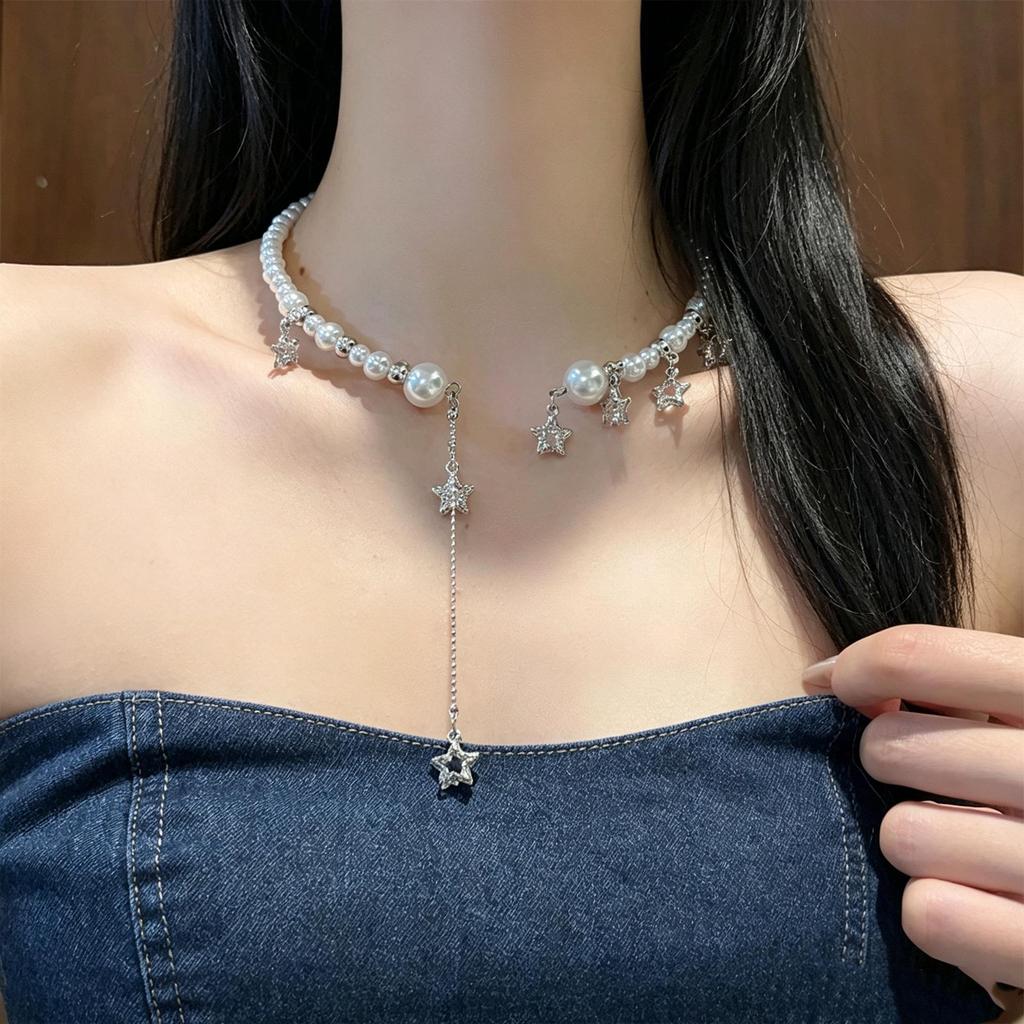 Rhinestone Star & Water Drop Tassel Faux Pearl Necklace - Chic Clavicle Choker