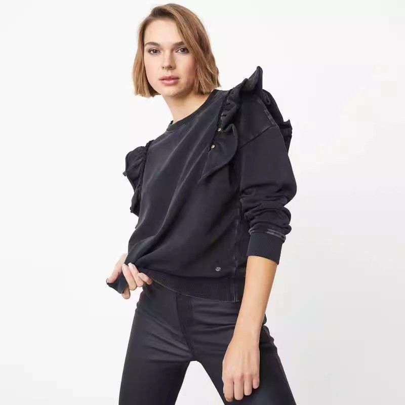 

Foreign Trade Pure Original Single Tail Goods Lotus Leaf Sleeve Cotton Washed Distressed Solid Loose Spring, Autumn and Winter Women Terry Hoodie Black M