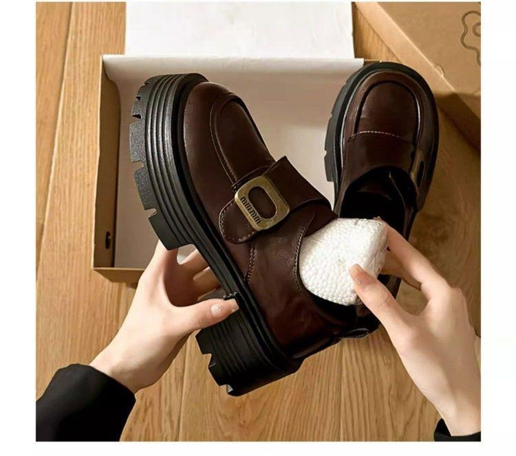 Platform women's autumn new retro round head thick heel small leather shoes Velcro high heel muffin single shoes