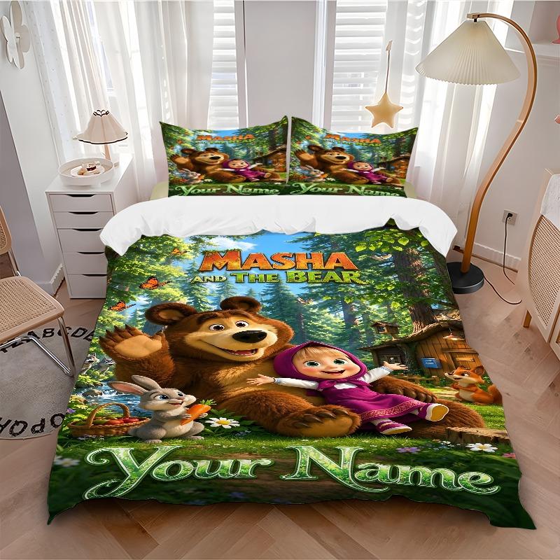 Masha Bear Forest Adventure Bedding Set Personalized Washable Custom 3Pcs Duvet Cover Pillowcases Soft Microfiber Home Bedroom Gift