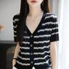 Summer New All Match Striped Knitted Short Sleeve Women's Half Sleeve Knitted Shirt Fashion V-neck Striped Popularity Top