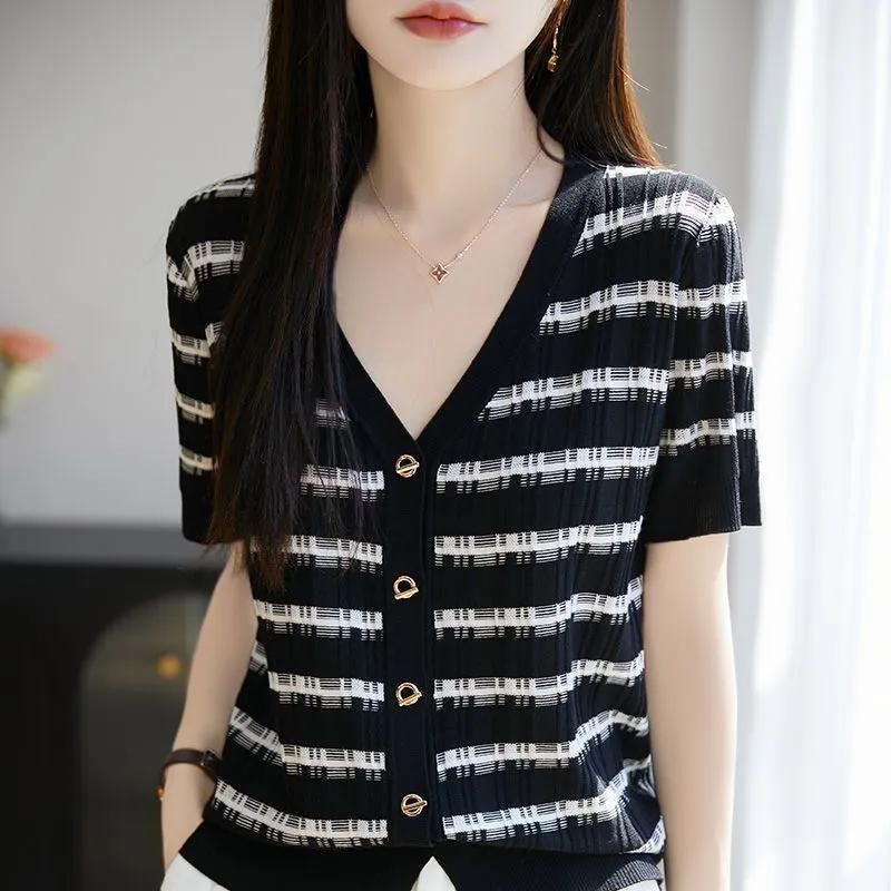 Summer New All Match Striped Knitted Short Sleeve Women's Half Sleeve Knitted Shirt Fashion V-neck Striped Popularity Top