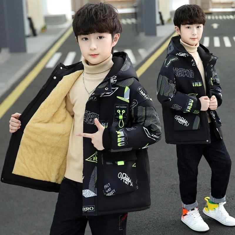 Jungen Winter Gepolsterte Jacke Mode Plus Samt Mit Kapuze Warme Mantel Buchstaben Drucken Patchwork kinder Oberbekleidung Trenchcoat
