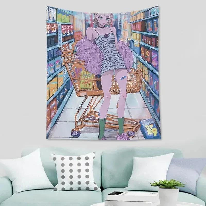Cartoon Internet Addicted Girl Hanging Cloth Office Living Room Tapestry Home Wall Decoration Tapestry