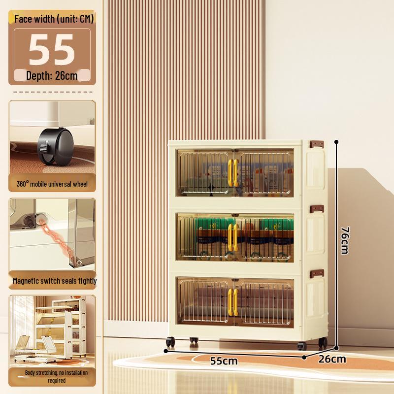 40-60cm Wide Transparent Foldable Double Door Floor Storage Cabinet with Multiple Layers