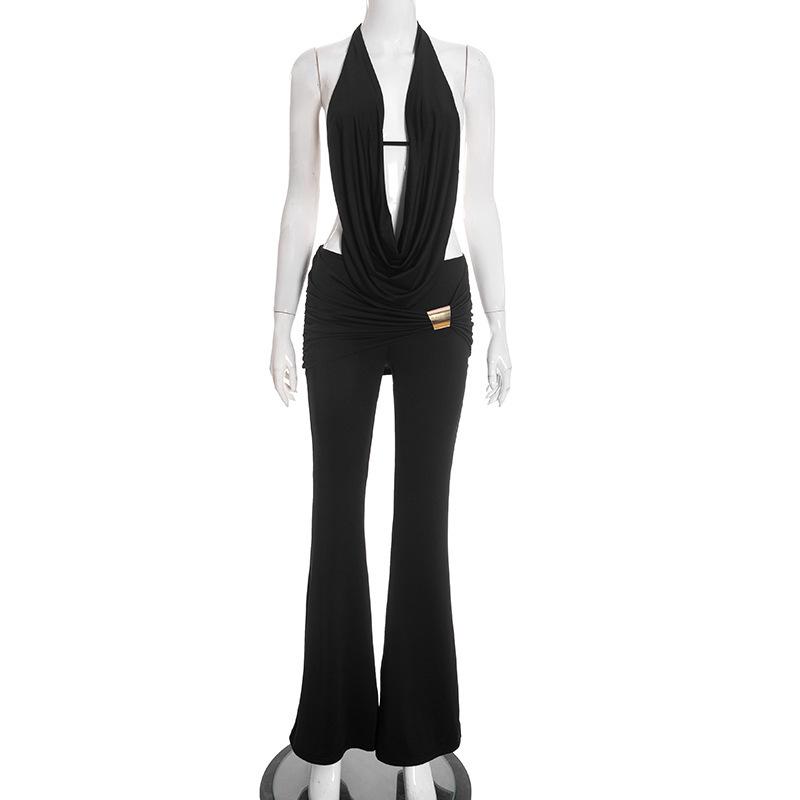 

D25ST556 Halter Neck Open Back Top & Flare Pants Two-piece Set with Metal Buckle Medium