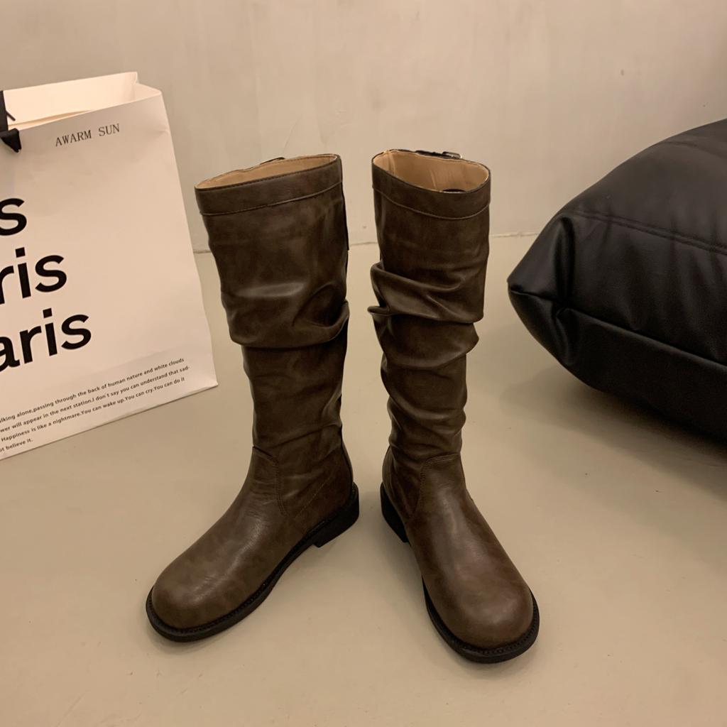Brown Retro High Trouser Boots Knight Boots Short Boots Autumn and Winter New Thin Boots French Women's Boots Western Boots