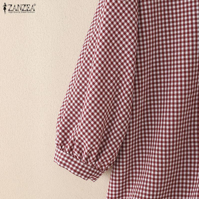 ZANZEA Women Plaid Print Casual Turn Down Collar 3/4 Sleeve Blouse
