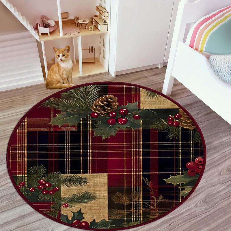 Vintage Christmas Style Print Round Mat Stain Resistant Non-Slip Carpet for Retro Dining Room Area Rug Christmas Home Decorate