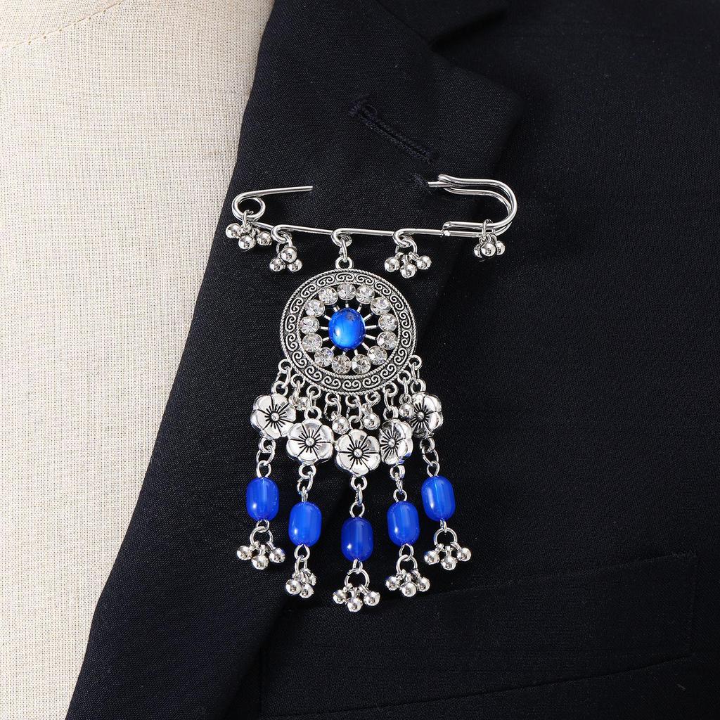 Bohemian Rhinestone Flower Tassel Brooch for Women - Exotic Style Suit Coat Pin