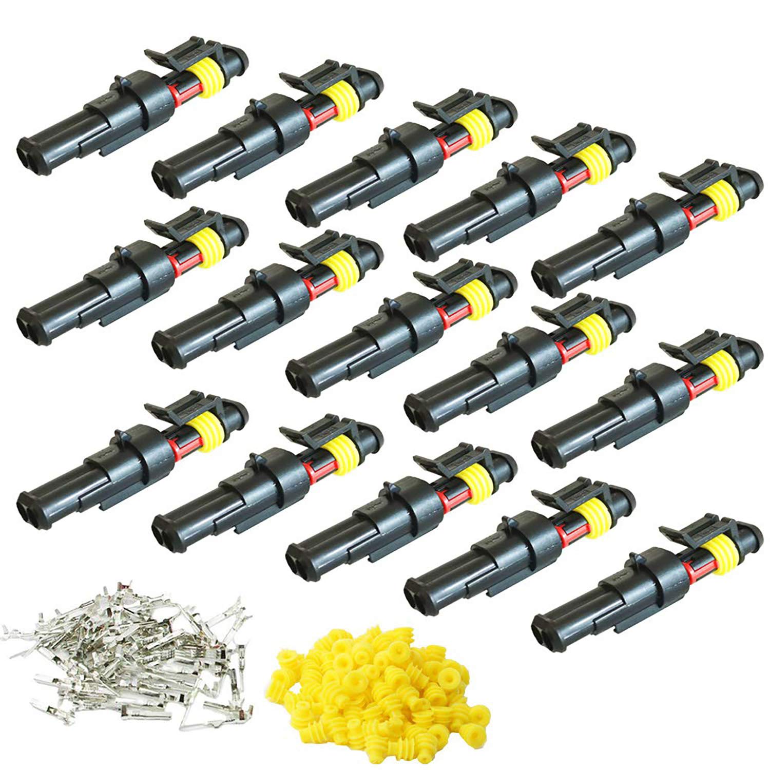 

CESFONJER Car Waterproof Connector, Waterproof Electrical Terminals, Motorcycle Scooter Truck Marine Plug Socket Kit, 2 Pins x 15 Kits