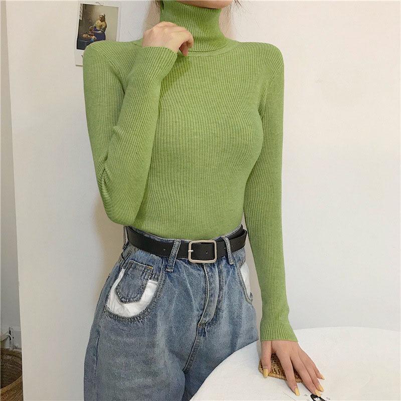 Women's Autumn Winter Long Sleeve High Neck Knit Base Layer Slim-Fit Solid Color Pullover Tight-Fitting Top