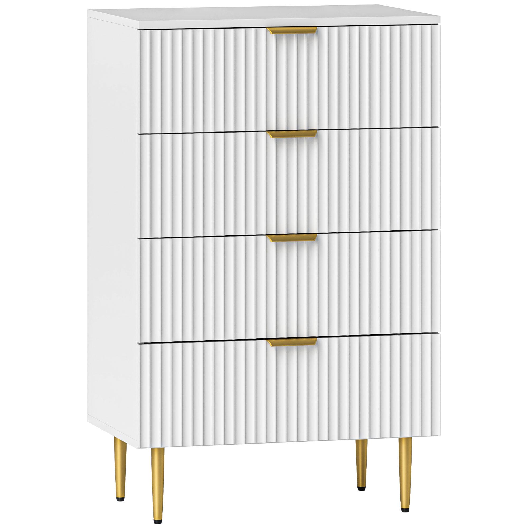 Komoda se 4 zásuvkami Ložnicová komoda Moderní úložný nábytek se zlatými úchytkami a nožičkami, rozměry. 60 x 40 x 96 cm, Bílá 60 x 40 x 96 cm