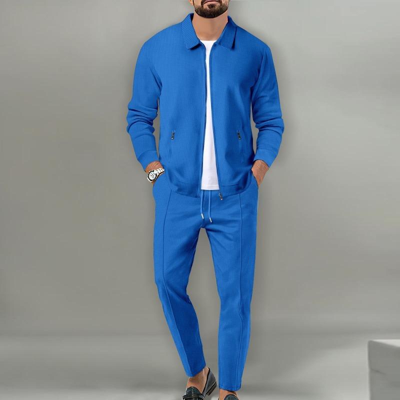 Men Waffle Texture Zipper Pocket Turn Down Collar Slim Fit Jacket Pants Set