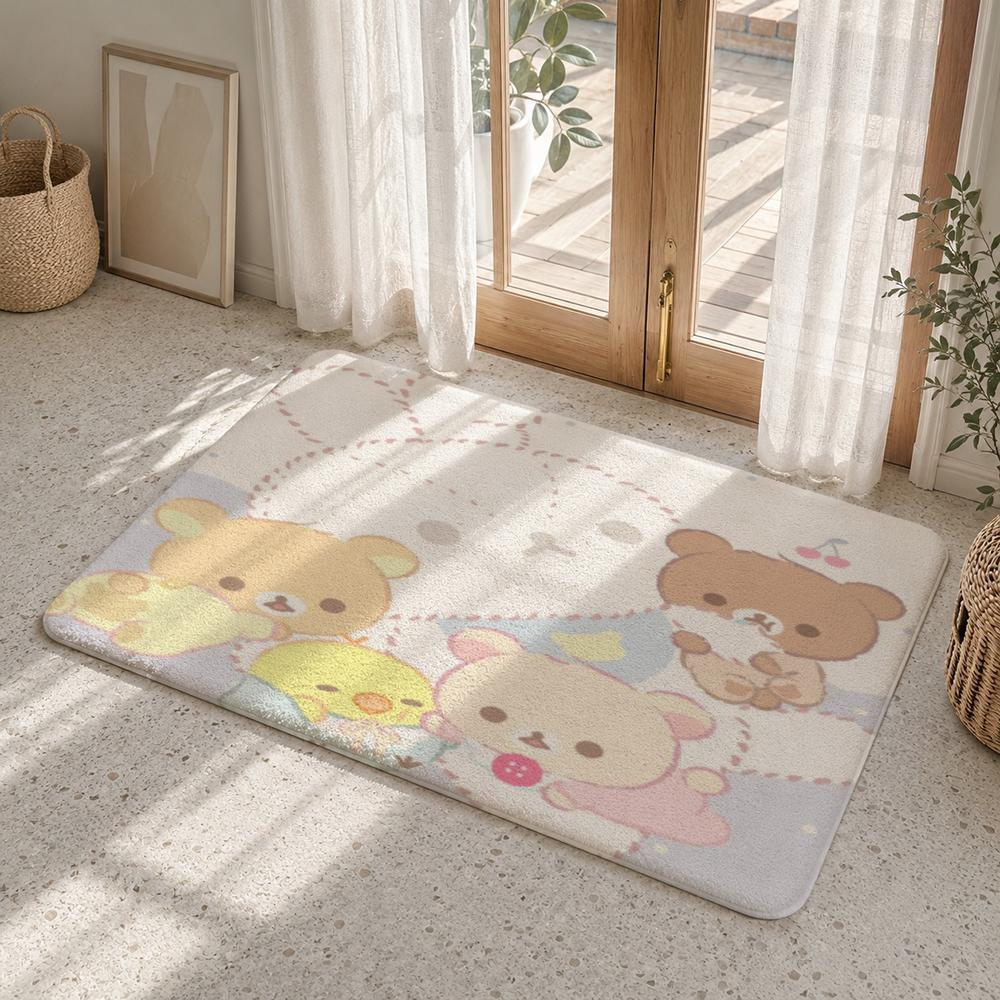 Cute Cartoon Rilakkuma Floor Mat Flannel Rug Non Slip Absorbent Soft Washable For Entryway Hallway Bathroom Kitchen Decor