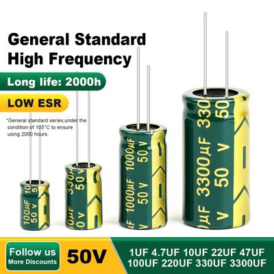 Condensatore elettrolitico in alluminio 50V 1UF 4.7UF 10UF 22UF 47UF 100UF 220UF Condensatori a bassa ESR ad alta frequenza Fai da te 2000 ore di lunga durata
