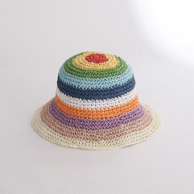 Women's Spring and Summer Korean Style Fashionable Colorful Pure Hand Crocheted Woven Fisherman Hat Vacation Foldable Sun Protection Sunshade Hat