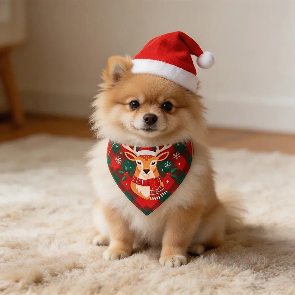 Holiday Dog Scarf Bibs 2Pcs Christmas Plaid Bandanas Puppy Pet Grooming Accessories For Cats Dogs Christmas Gift Supplies