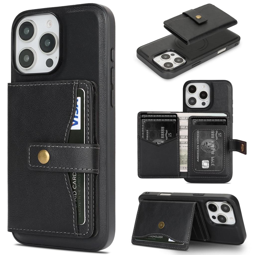 For iPhone 15 Pro Kickstand Case Detachable Card Bag Compatible with MagSafe PU Leather Coated TPU Phone Cover