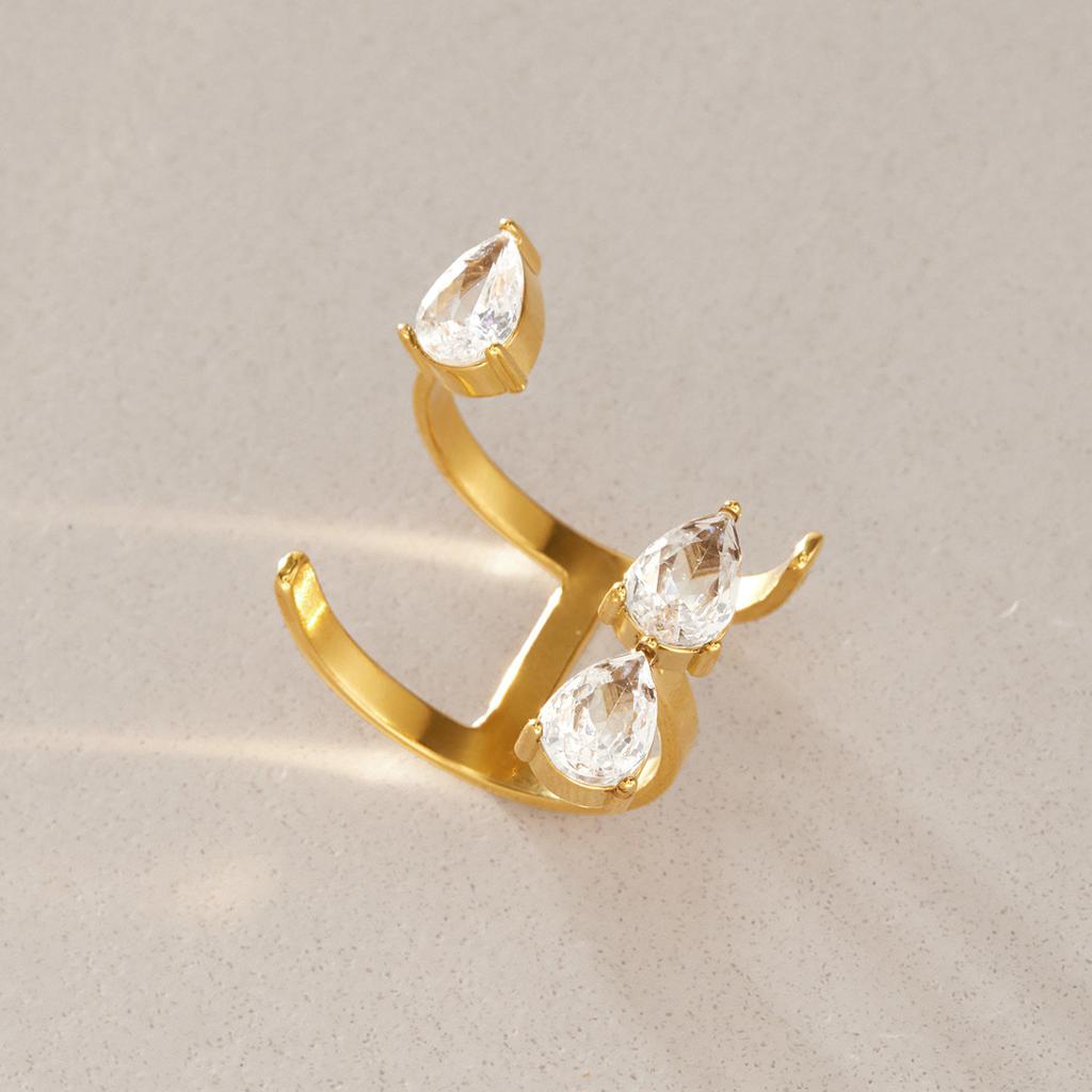Luxury Waterdrop Zircon Hollow Opening Ring for Women Stainless Steel Gold Plated Waterproof Geometric Jewelry Rust Proof