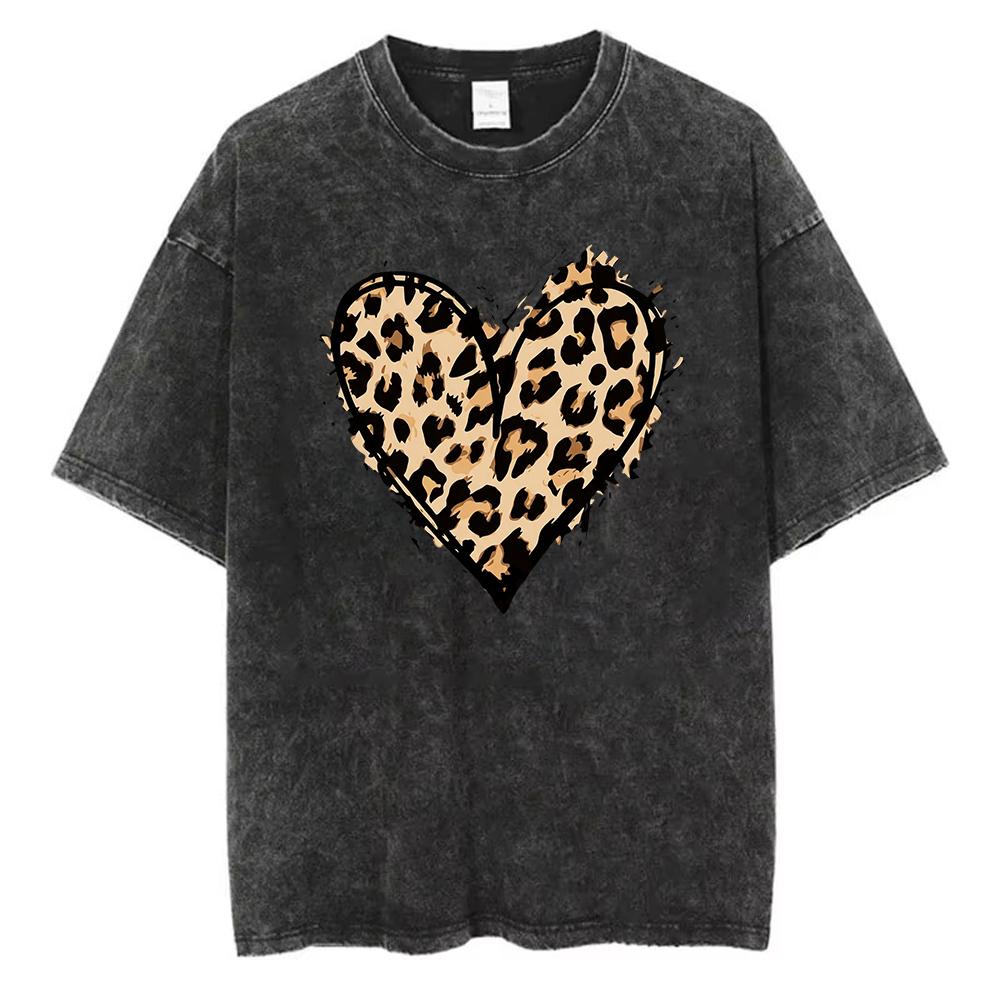 

Vintage Washed Cotton TShirt Women Leopard Heart Graphic Retro Acid Wash Short Sleeve Harajuku Style Streetwear M