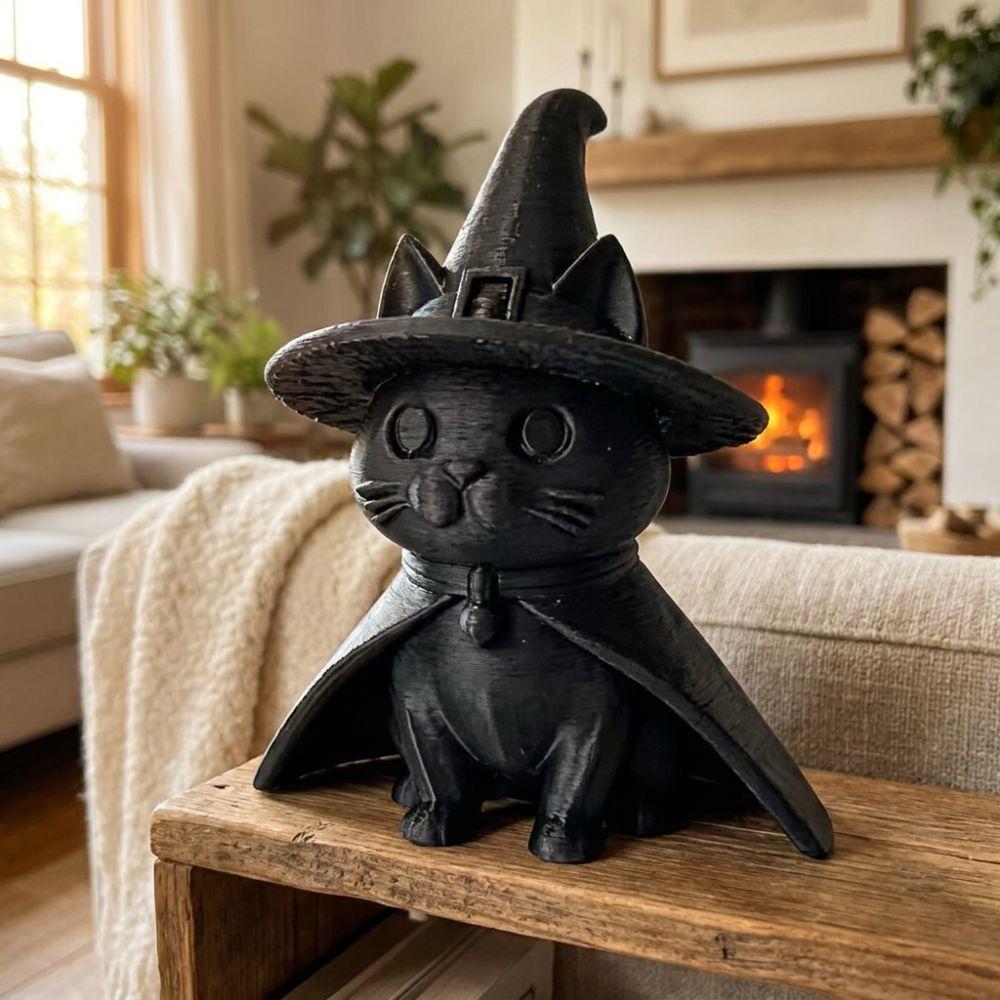 Creative Witch Cat Figurine 3D Printed Black Kitten Statue Desktop Decoration  Home Office Decor