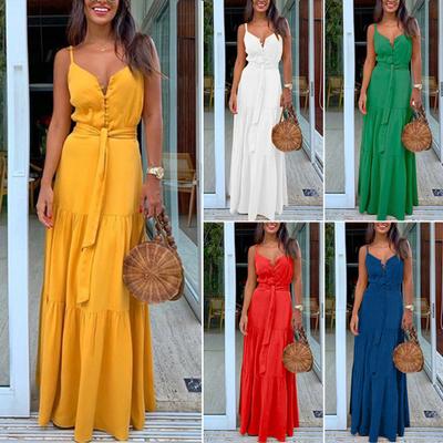 Casual Dress V Neck Patchwork All-match Large Hem Strap Dress for Party
