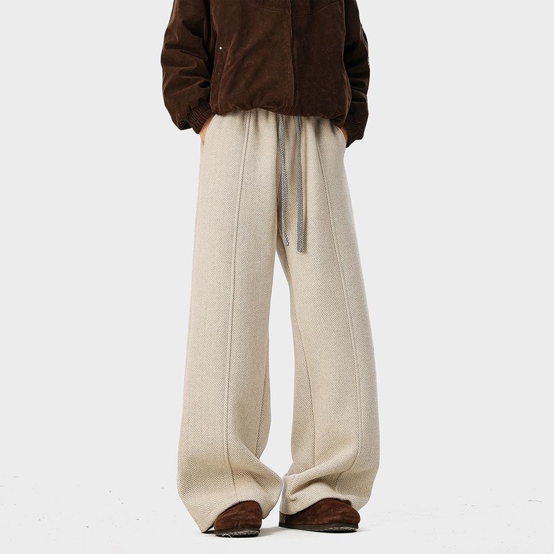 51 Hip-Hop Trendy Brand Fleece-Lined Thickened Pants for Men, Winter American Vintage Style Drapey Fleece-Lined Straight-Leg Casual Trousers