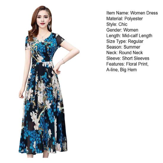 Letnia sukienka damska kwiatowy Print linia A duży brzeg wysoka talia krótkie rękawy wokół szyi plisowana długość do połowy łydki formalna impreza dojazdowa sukienka Midi