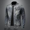 Hochwertige Herren-Jeansjacke Lässig Retro Große Größen Stehkragen Reißverschluss Biker Motorradmantel