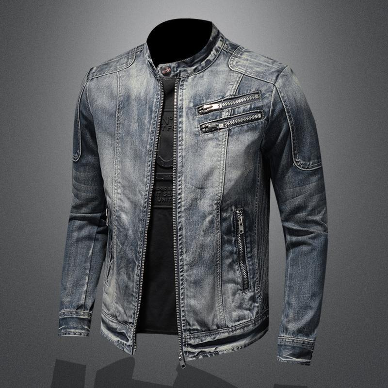 Hochwertige Herren-Jeansjacke Lässig Retro Große Größen Stehkragen Reißverschluss Biker Motorradmantel