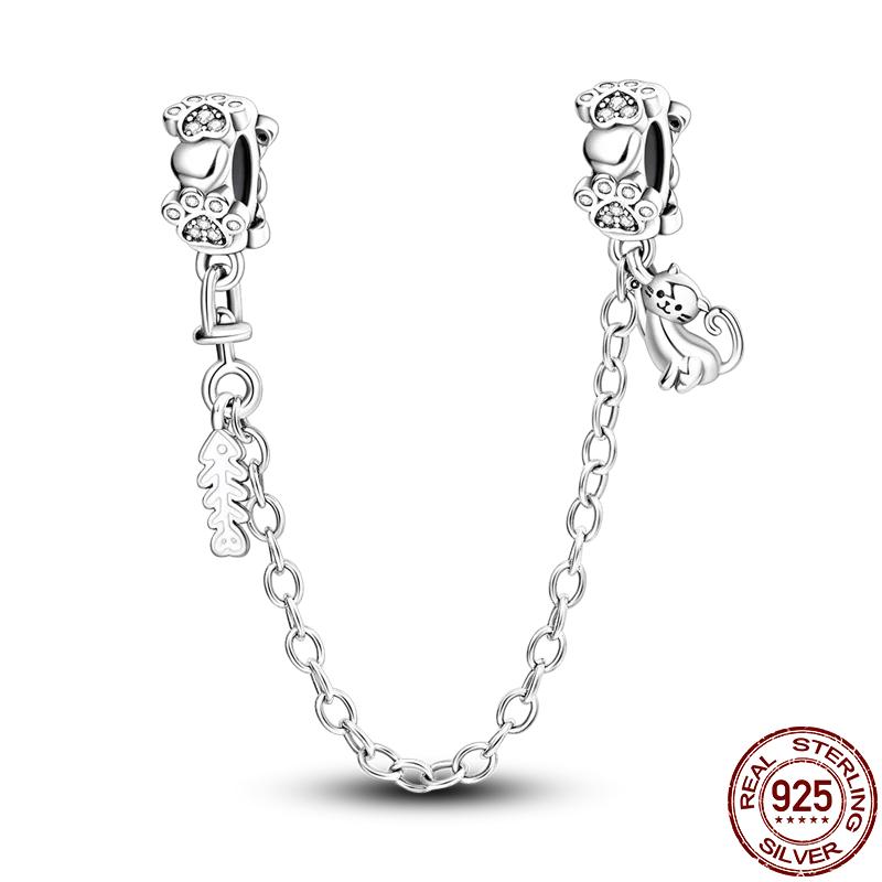 Colgantes de plata de ley S925 con forma de gato, perro, mariposa, flor y cadena de seguridad de color morado, aptos para pulseras originales DIY