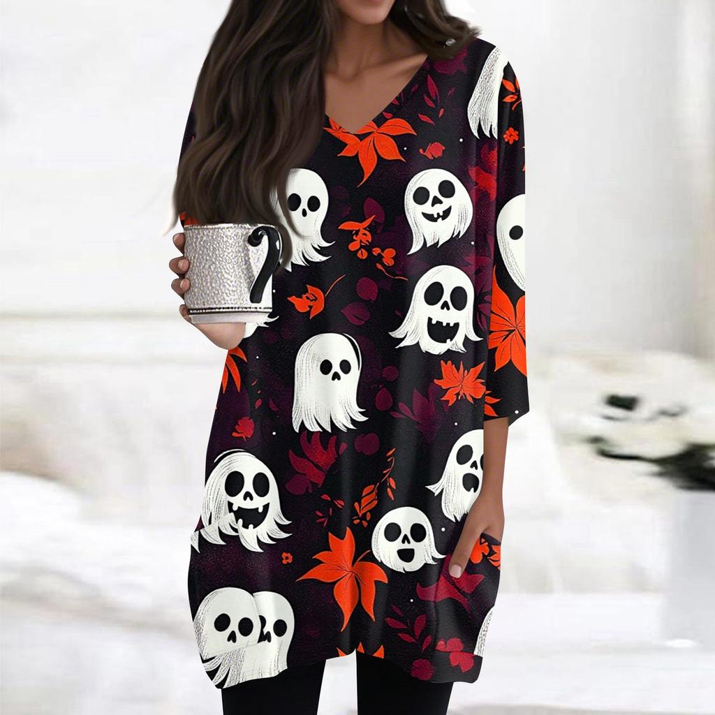 Womens Tops V-neck 3/4 Sleeve Blouses Casual Mid-length Shirts Fashion Halloween Print Tunic Tops With Pockets