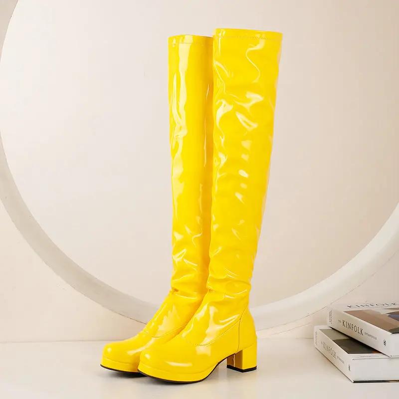 Autumn Winter High-heeled Women's Boots Are Thin Patent Leather High-heeled Boots Patent Leather Thick Heel Bootsknee Boot