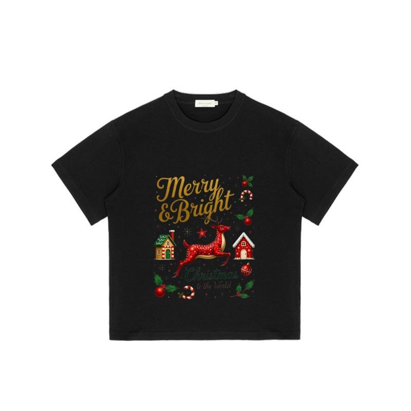 Christmas T Shirt Black Merry and Bright Reindeer House and Candy Cane Print for Holiday Party