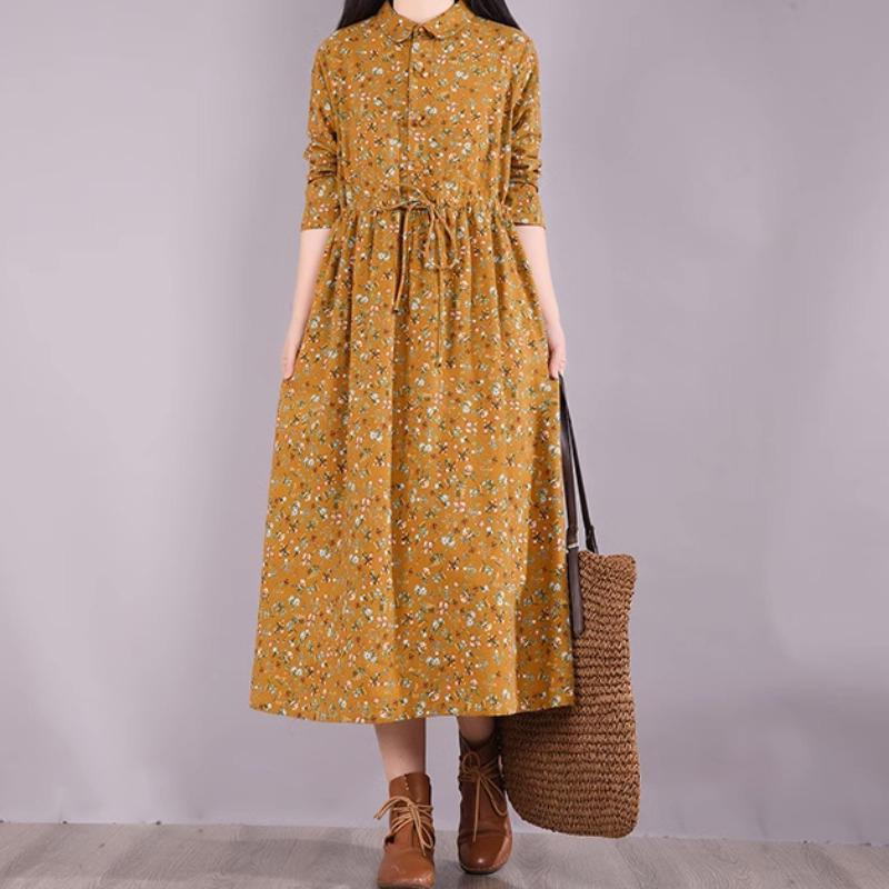 Spring and Autumn Retro Floral Cotton Linen A-Line Long Waist-Cinching Belted Long Sleeves Turn-down Collar Large Size Women's Dress