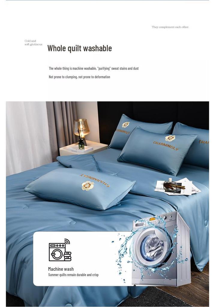 Luxurious Ice Silk Summer Quilt Set - Machine Washable, Air Conditioning Friendly, Double Size, Lightweight and Breathable.