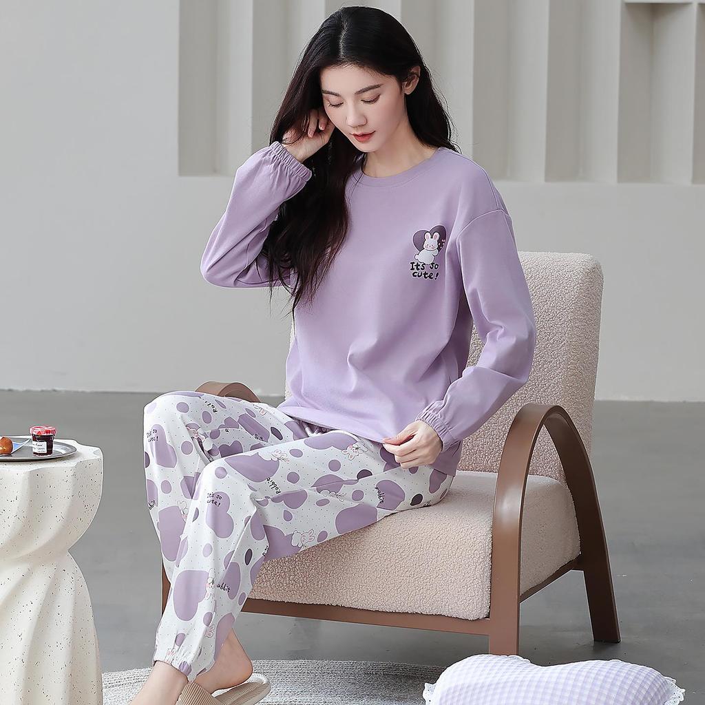 100% Cotton Women's Pajama Set – Breathable, Sweat-Absorbent, Long Sleeve Crew Neck for Indoor & Outdoor Wear (Autumn/Winter)