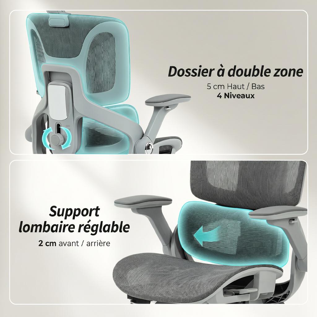 Office Chair, Ergonomic, 4D Armrests, Adjustable Headrest and Seat Depth, Grey Mesh