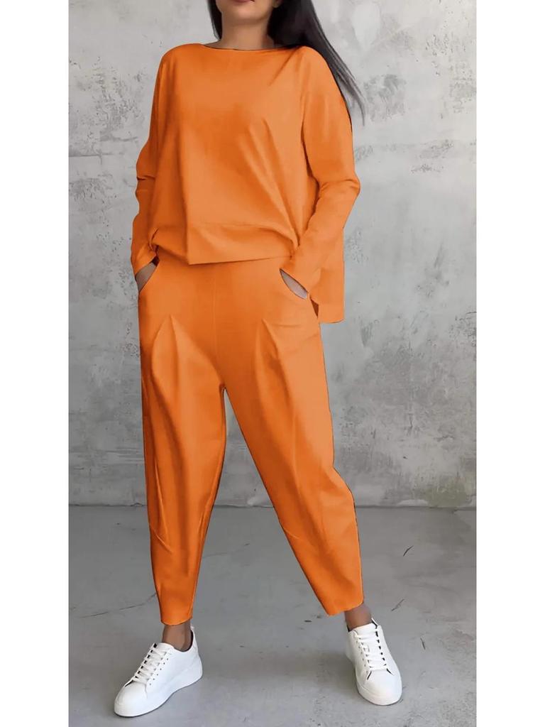2025 Women's Solid Color Round Neck Long-Sleeve Suit with Pocket Pants