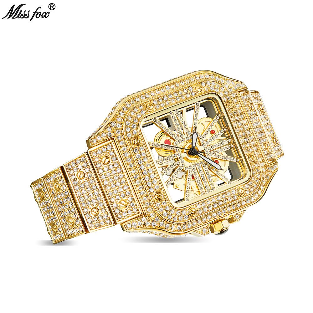 MISSFOX-Fashionable Square Men's Watch Small Niche Design Hollowed Out Hip-hop Full Diamond English Watch