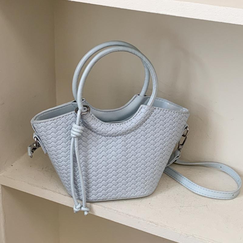 Woven Texture Mini Tote Bag with Round Handle and Detachable Strap