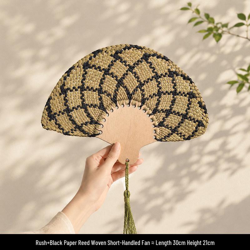 Tai Life Women's Handmade Wabi-sabi Cattail Fan: Artistic Summer Rattan Craft, Chinese Style Intangible Heritage Round Fan