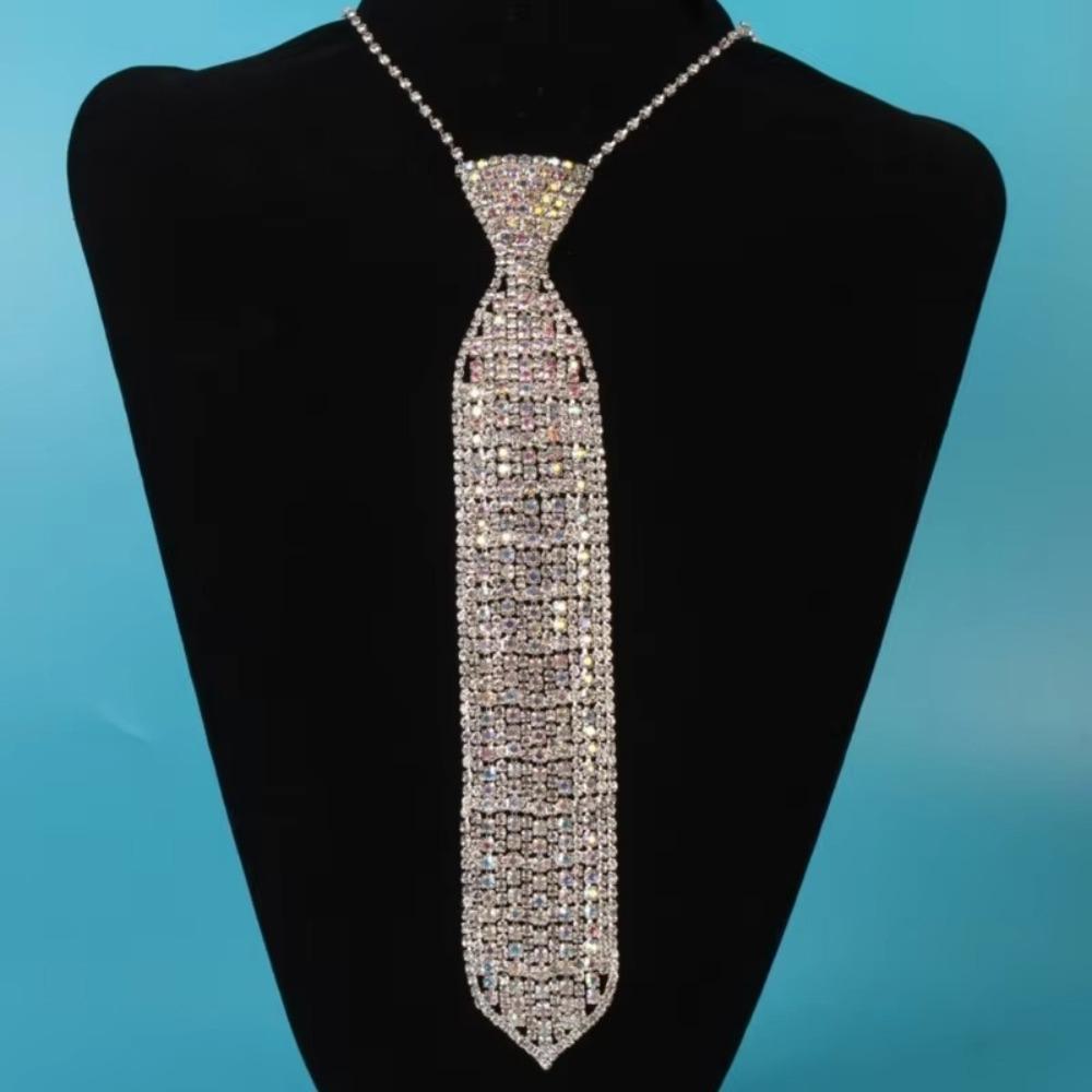 Retro Crystal Necktie Colorful Music Festival Necktie  Club Party Necklace Costume Neckwear
