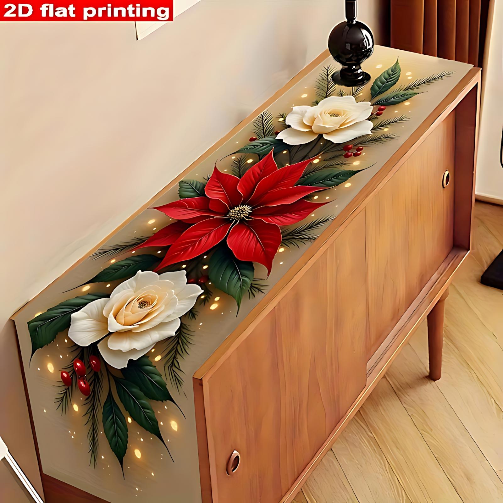 

White Rose Pine Table Runner, 2D print with red poinsettia. Durable polyester for Christmas & Thanksgiving decor. Shop now! красный