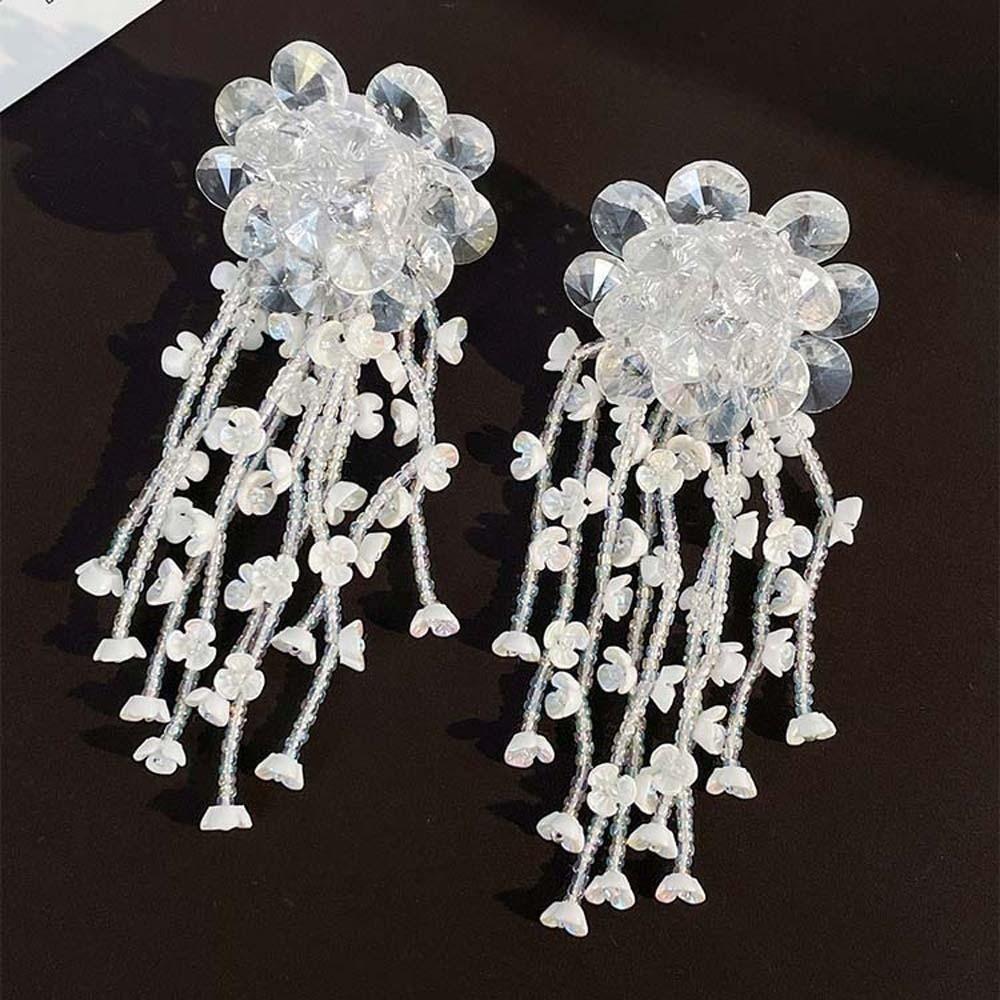 Rhinestone Floral Tassel Earrings Zinc Zinc Alloy Long Ear Drop Summer White Flower Earrings  Holiday