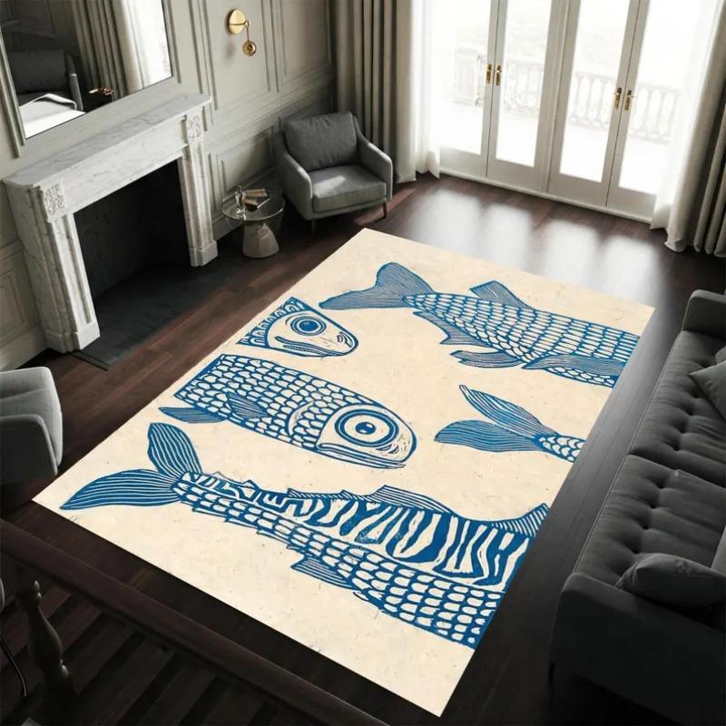 Minimalistyczny Dywanik do Pływania, Stylizowana Niebieska Ryba ze Szczegółowymi Wzorami, Czysty Kontrastowy Wzór do Jasnej i Przestronnej Dekoracji Pokoju
