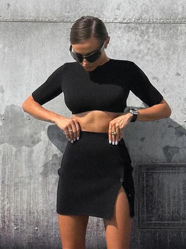 Summer 2025 Women's Sexy Knit Crop Top & Slit Button Mini Skirt Set